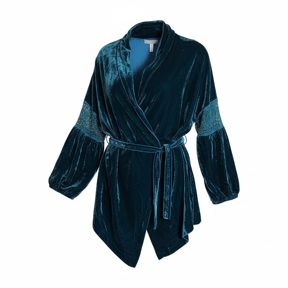 Soft Surroundings Teal Silk Blend Velvet Crochet Lace Wrap Cardigan Jacket L